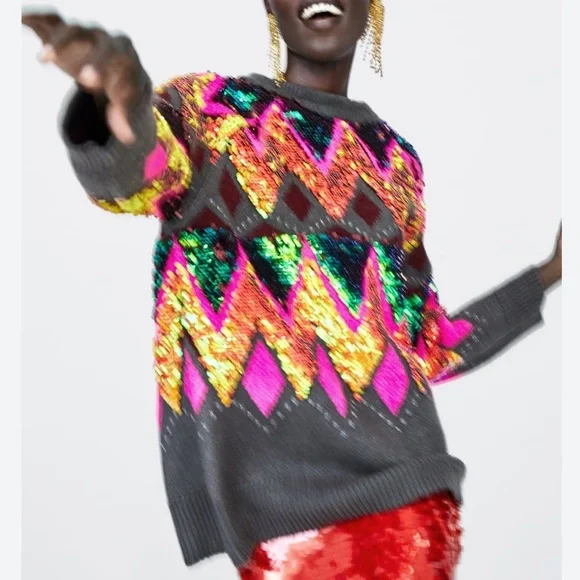 ZARA MULTICOLOR OVERSIZED SEQUIN SWEATER RARE MEDIUM M - Picture 4 of 16